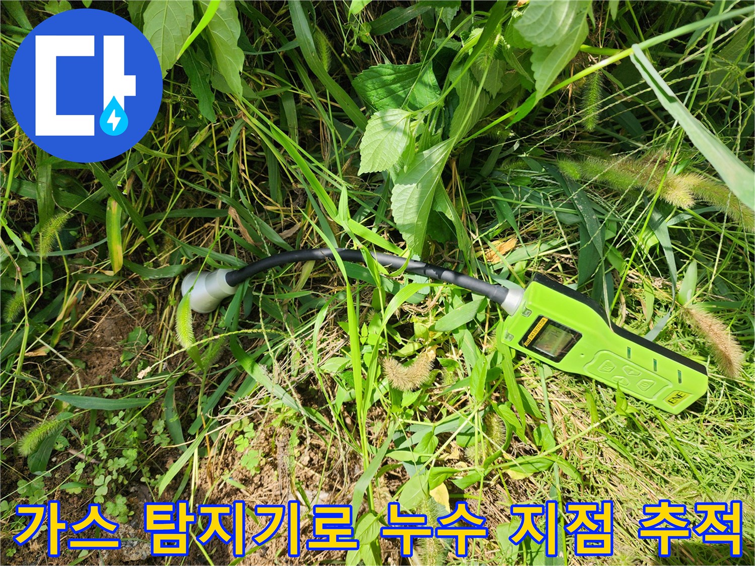 풀숲 사이에서 가스 탐지기를 활용해 누수 위치를 찾는 모습