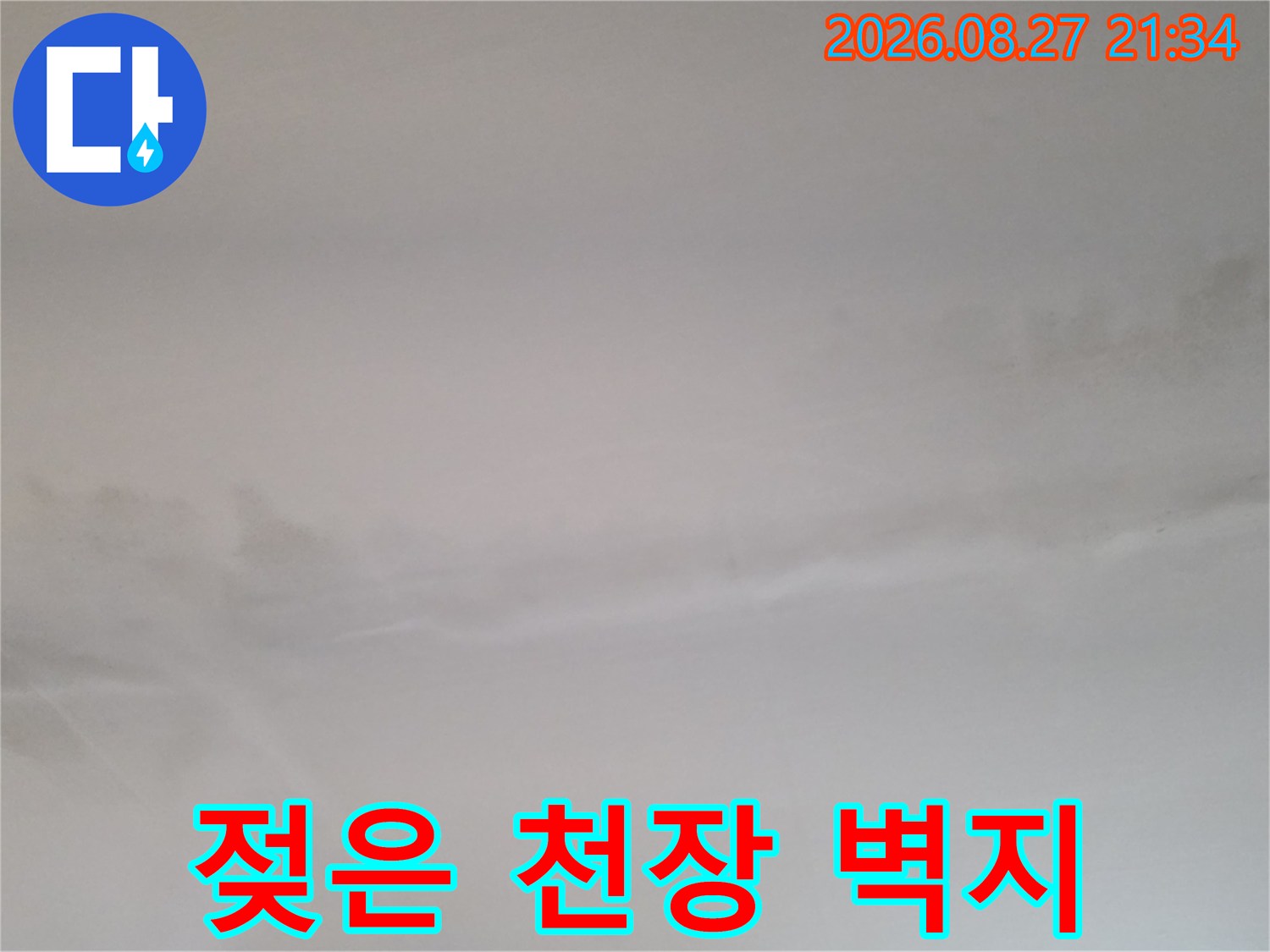 천장 벽지가 물에 젖어 변색된 누수 현장 모습