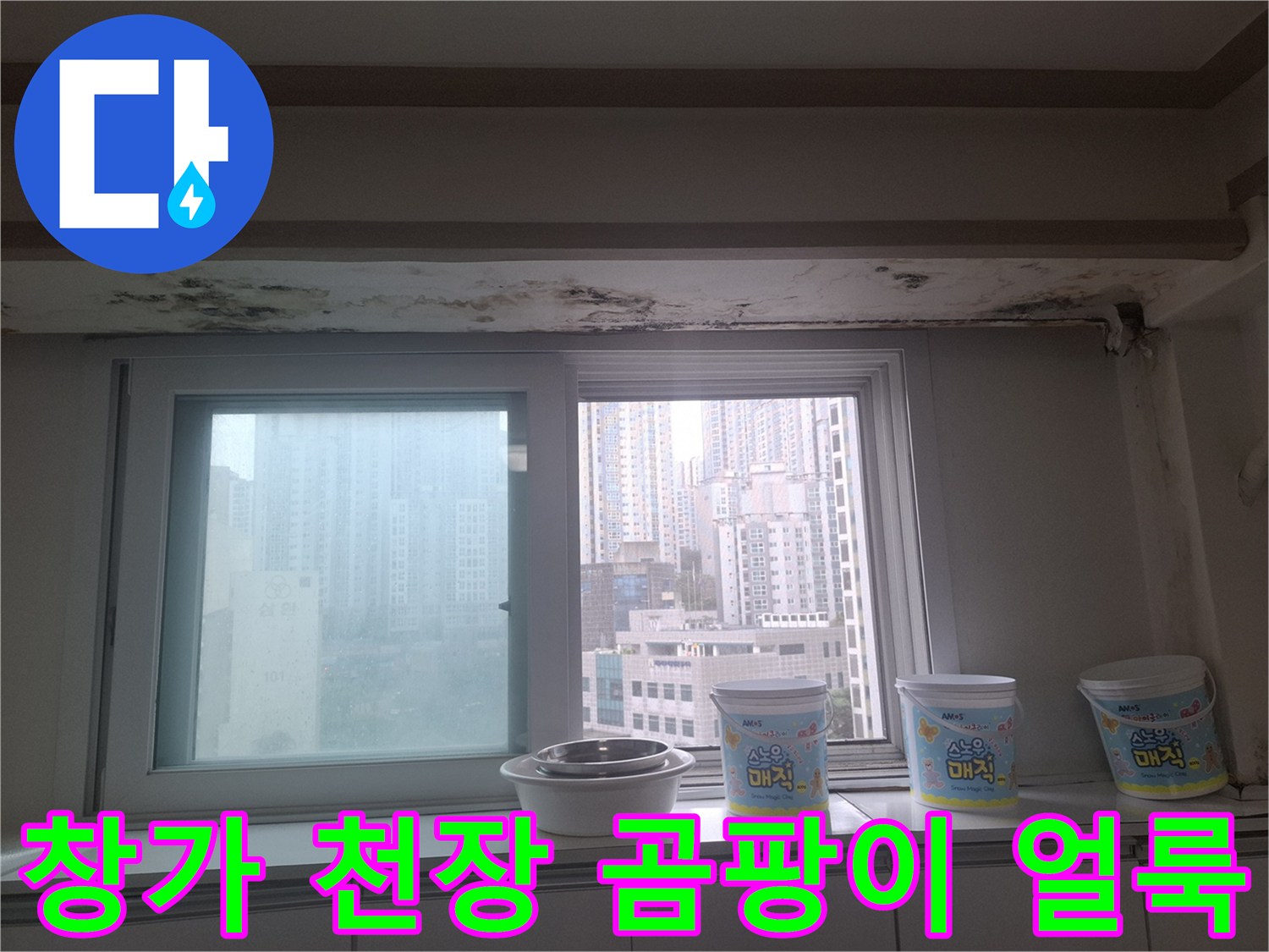 마포구 아현동 아파트 - 거실 창가 쪽 천장과 벽면에 발생한 곰팡이와 물 얼룩 상태