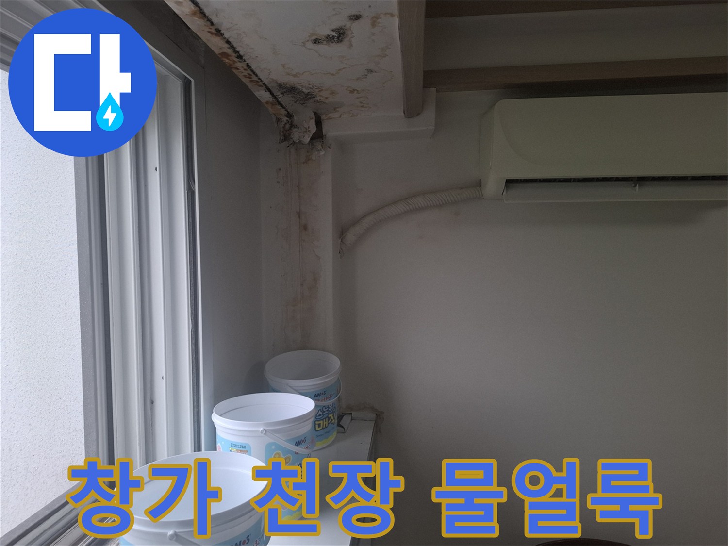아현동 거실 창가 천장과 벽면에 발생한 곰팡이 및 물 얼룩 상태