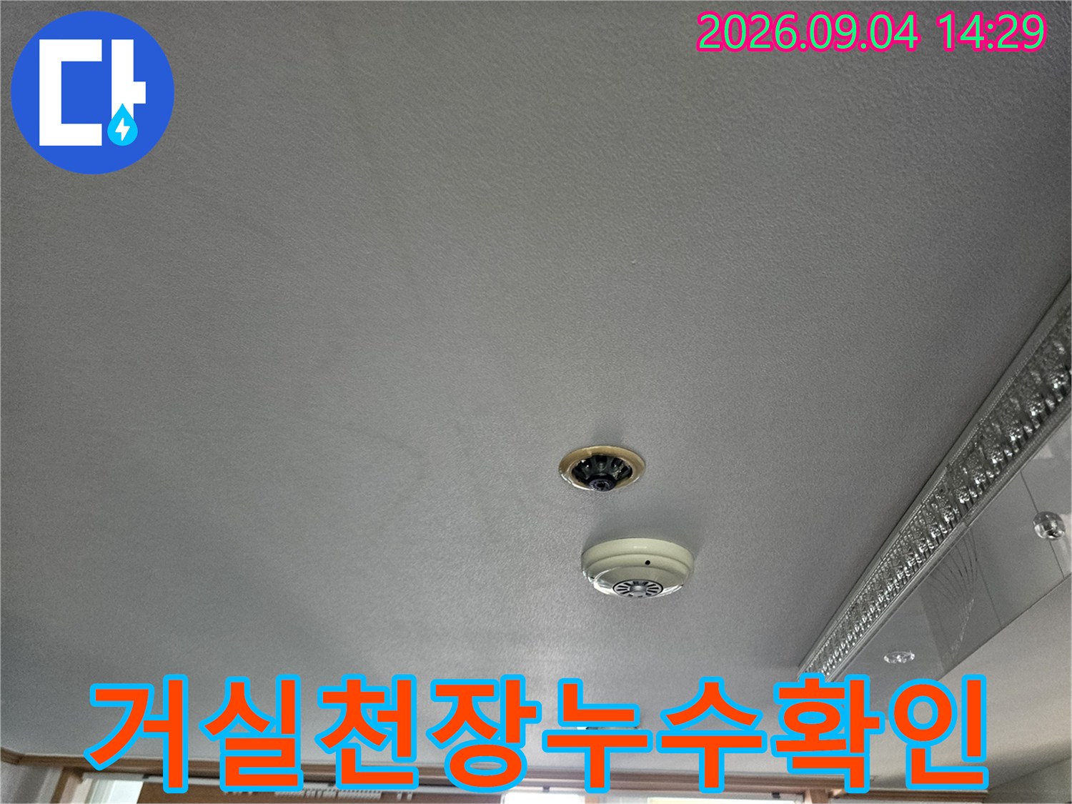 천장의 소방 감지기와 조명 기구가 설치된 천장 마감 부위입니다.