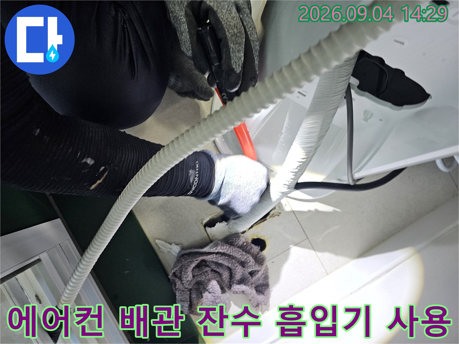 하얀 호스를 통해 배관 내부의 물을 빨아들이는 작업 모습입니다.