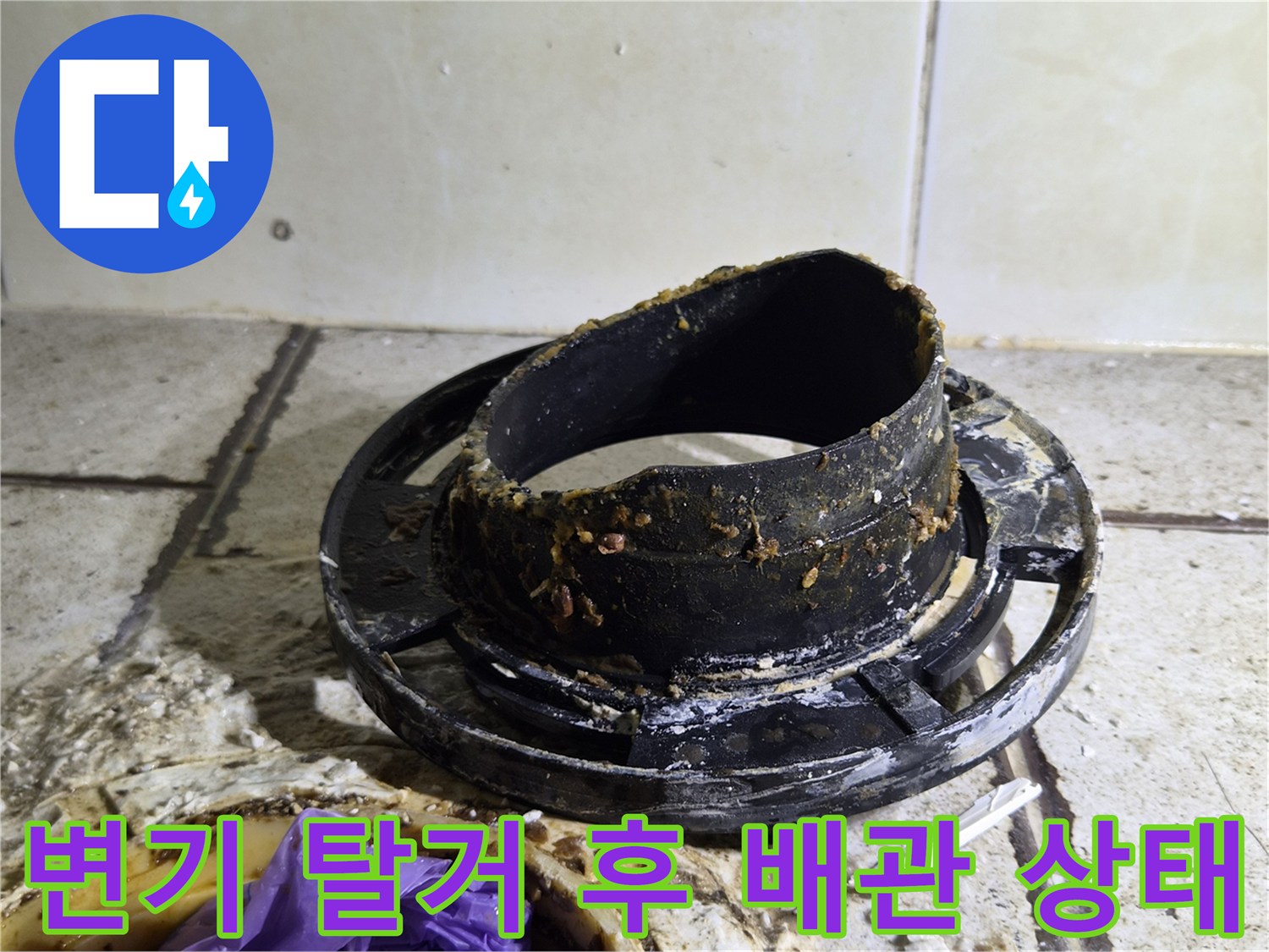 양변기 제거 후 노출된 오수관의 이물질 퇴적 상황