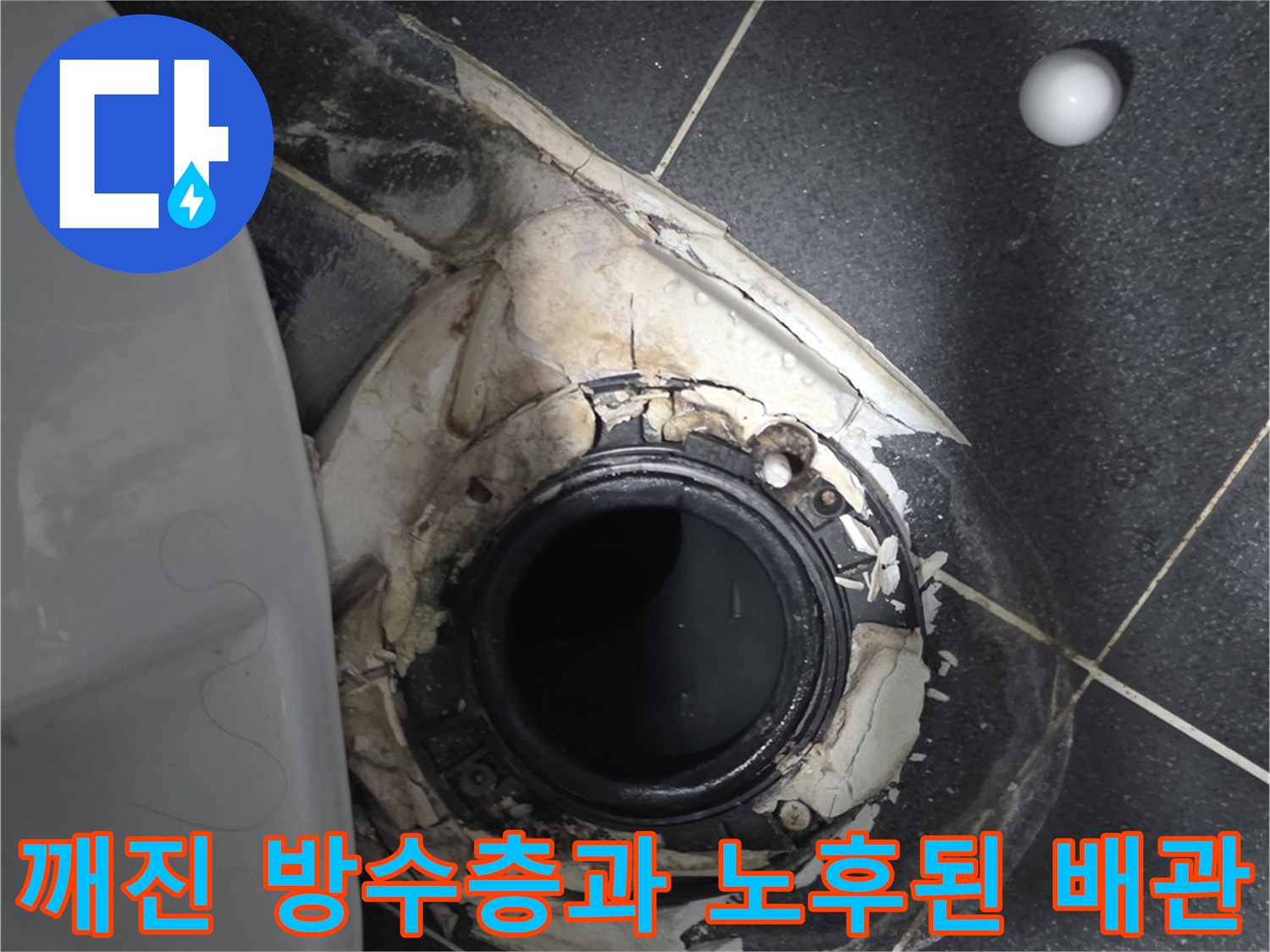 하수구 유가 제거 후 발견된 방수층 파손 부위