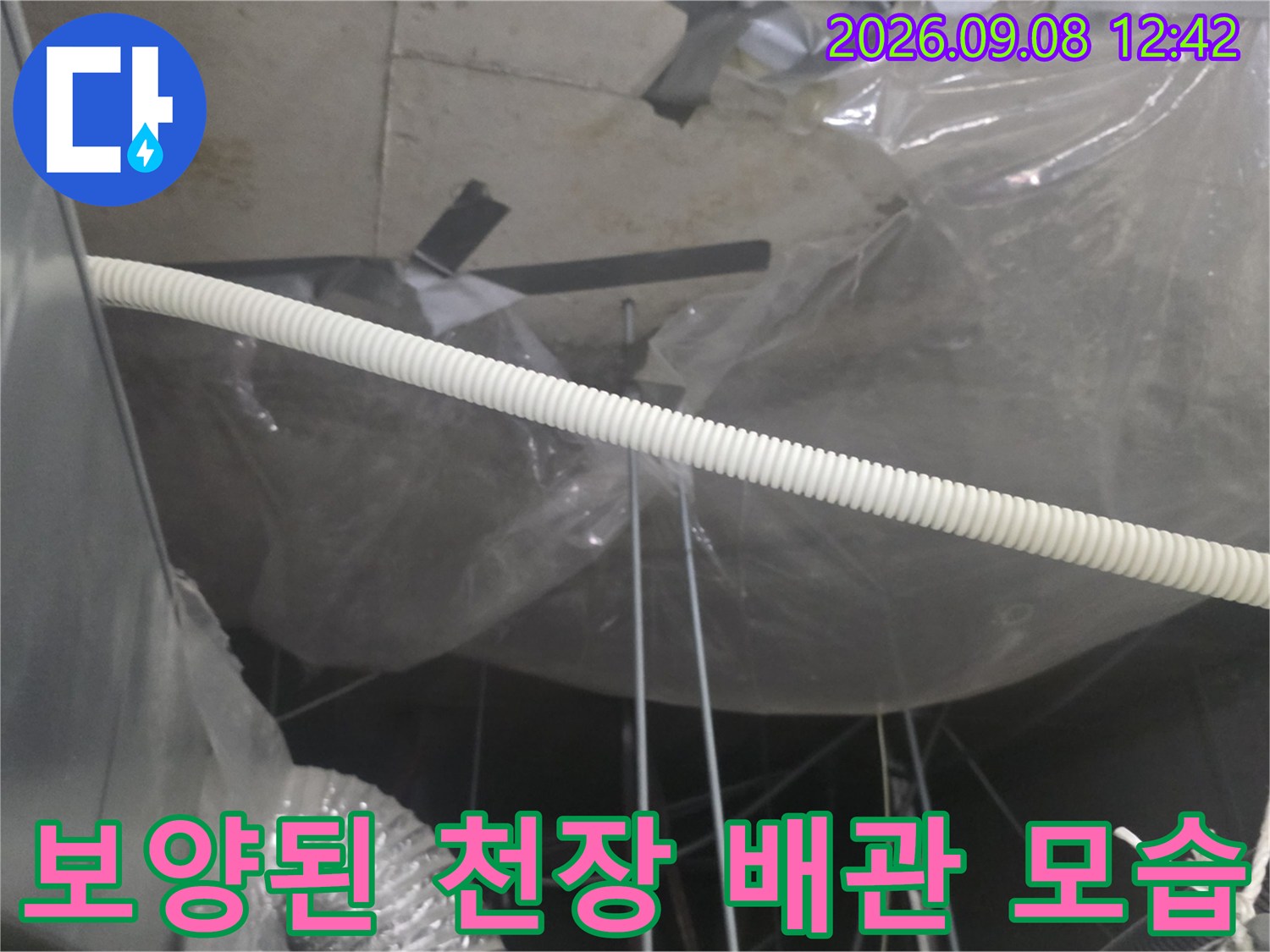 비닐로 감싸진 천장 내부의 배관과 보양재-누수 점검 현장