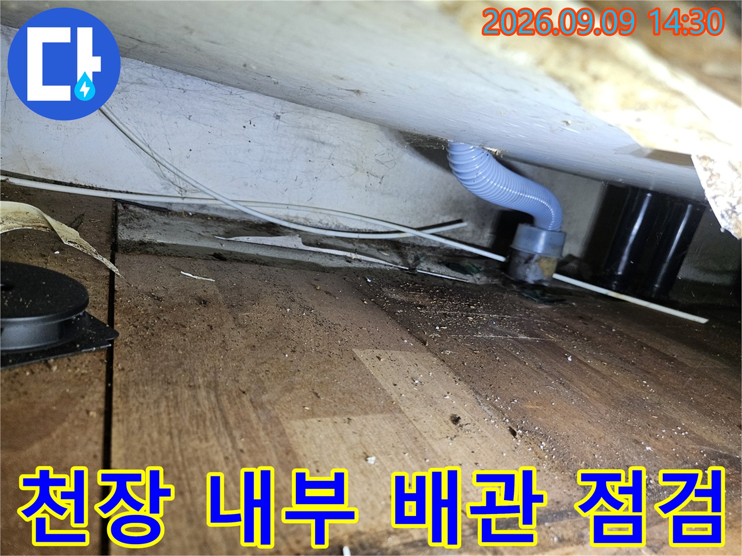 석촌동 현장 천장 하단의 파란색 주름관 및 검은색 배관 접합부 모습