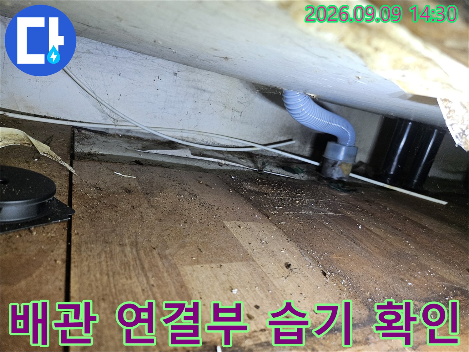 파란색 주름관과 배관 연결 부위의 주변 상태를 촬영한 사진입니다.