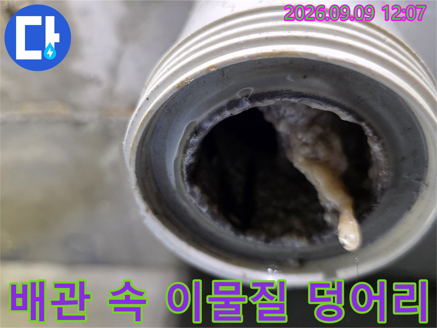 하수구 배관 내부를 채운-찌꺼기와 슬러지 상태