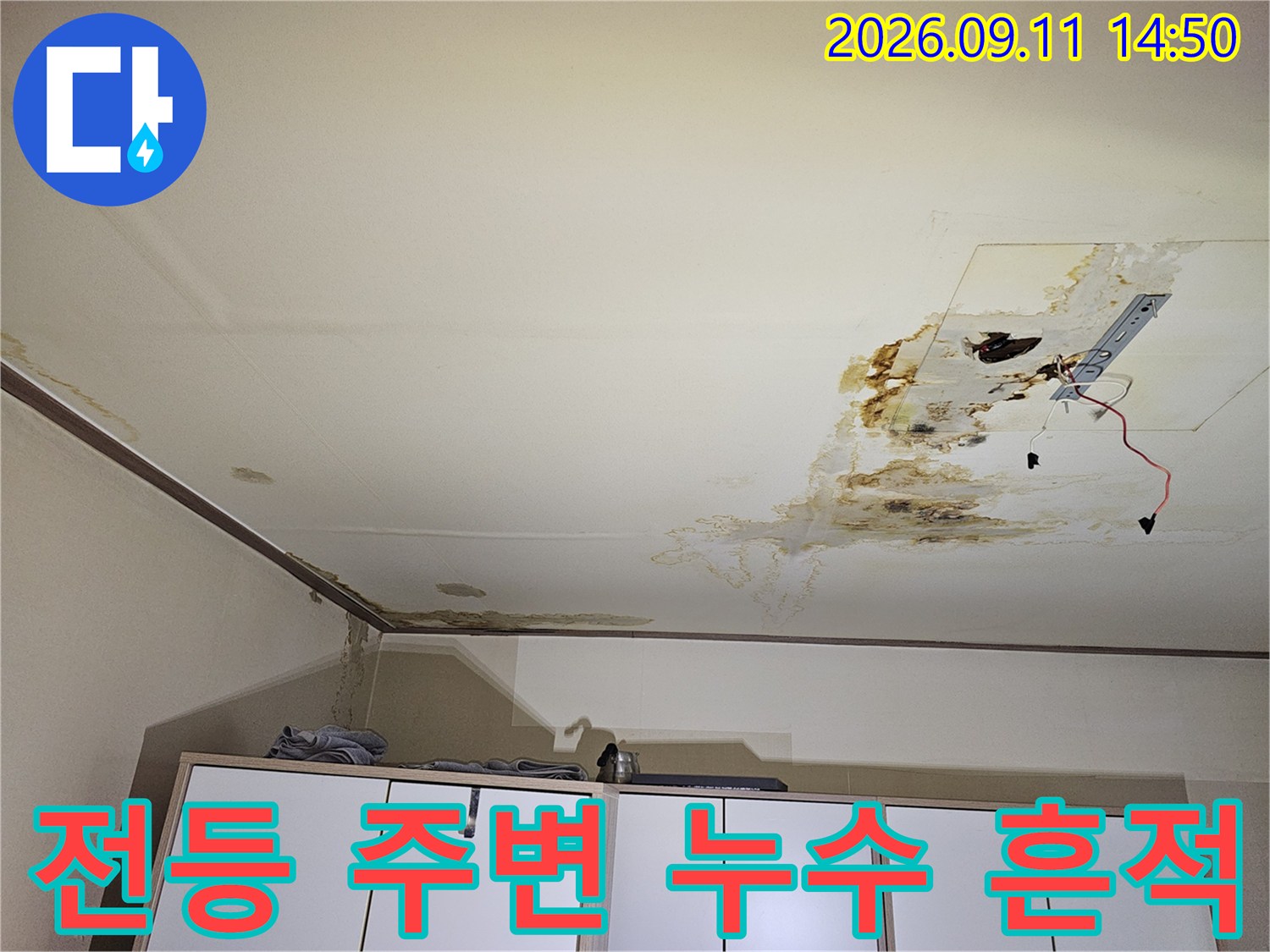 전등 설치 부위 근처에 나타난 심한 물자국과 젖은 천장 상태