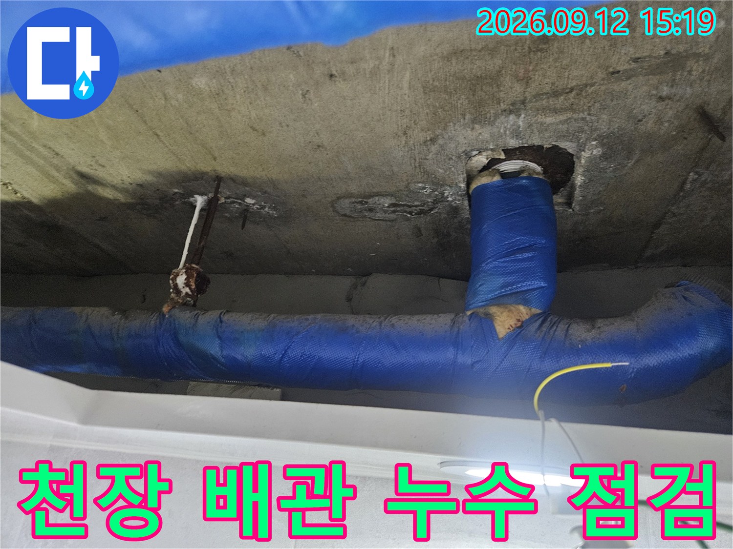 일산동구 장항동-젖어 있는 천장 콘크리트와 파란색 보온재가 감긴 배관입니다.