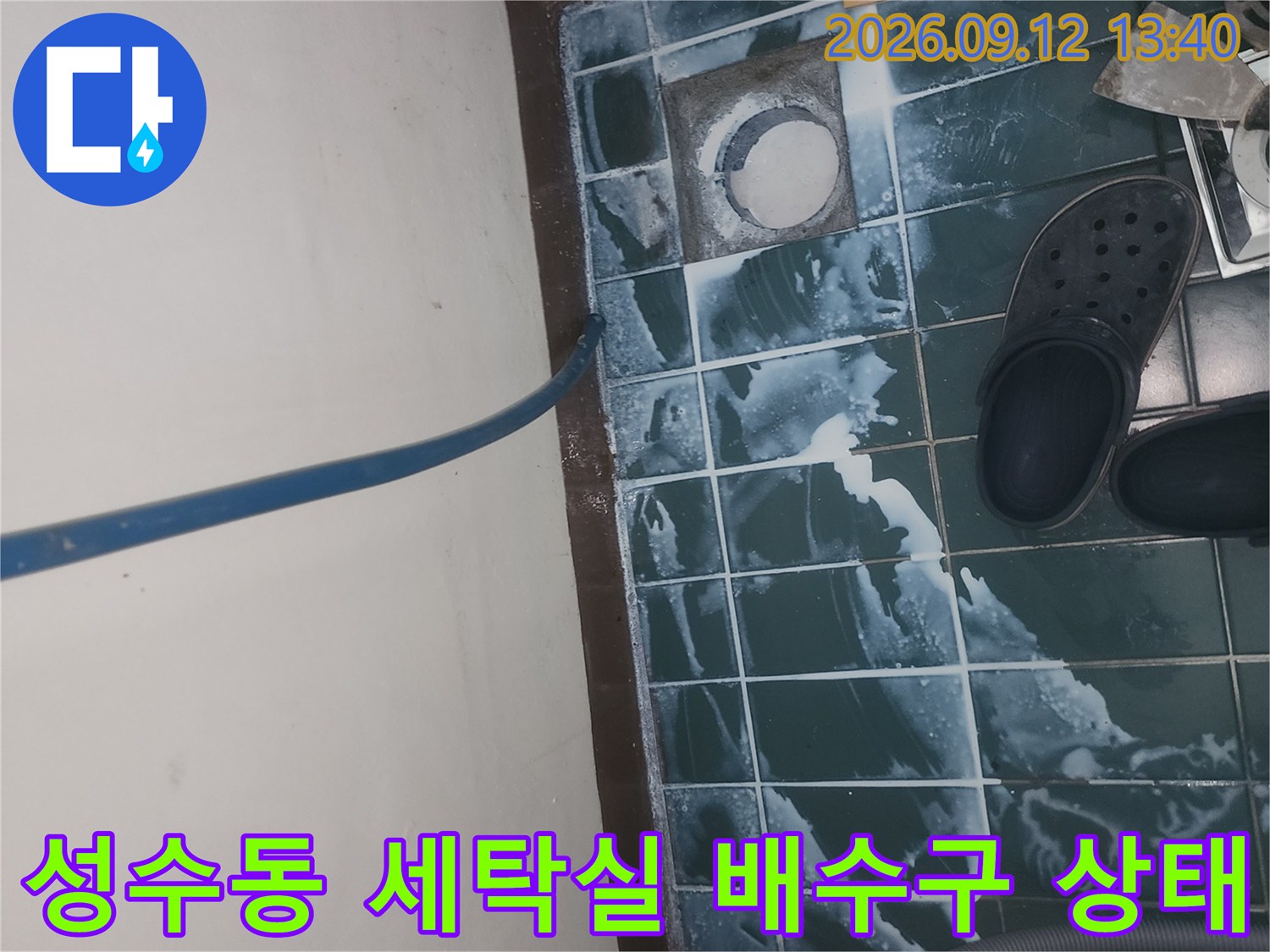 성동구 성수동 세탁실 배수구 주변의 타일 틈새와 유가 상태를 보여주는 사진입니다.