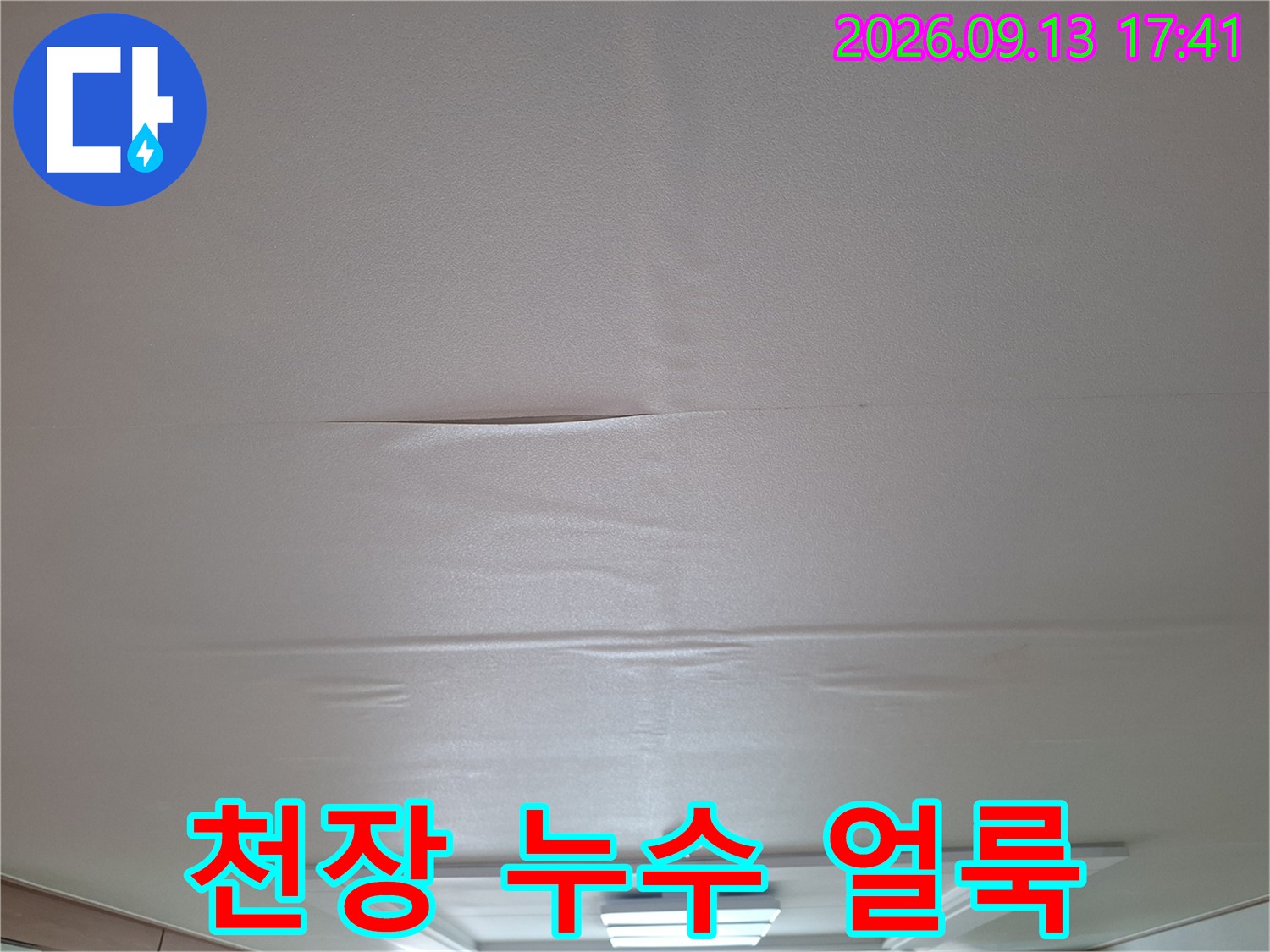 거실 천장의 흰색 마감재 부근에 발생한 누수 흔적과 젖음 현상