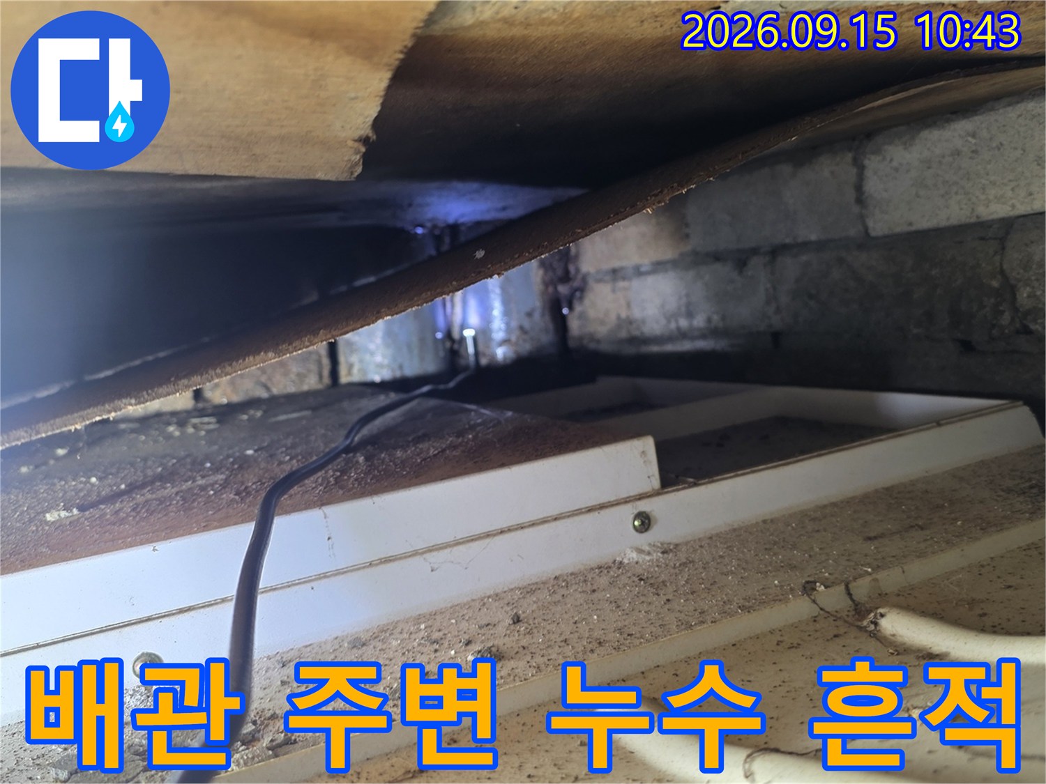 천장 슬래브와 배관 사이의 습기 차오른 부분을 촬영한 사진입니다.