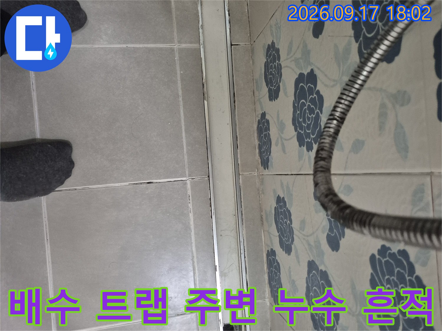 욕실 배수구-벽면과 바닥이 만나는 지점의 방수 결함 상태